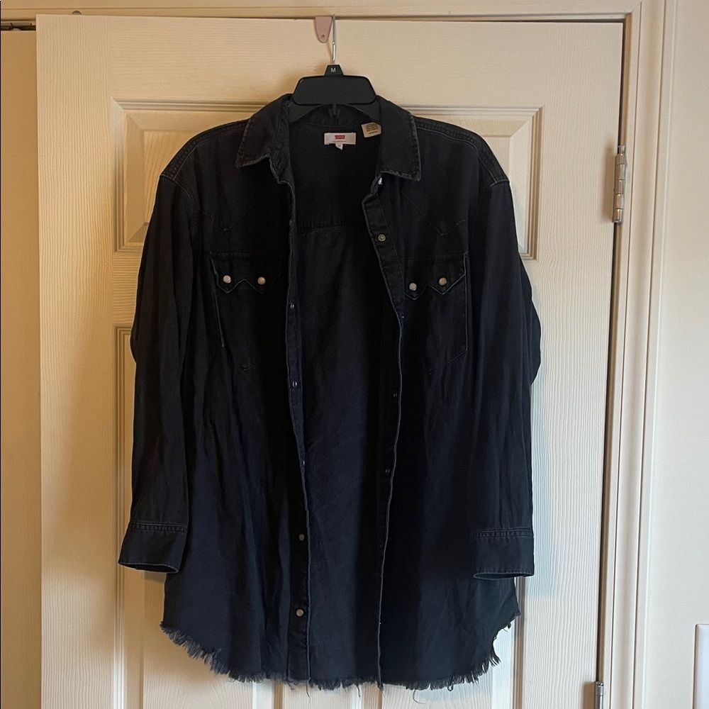 Levi's Black Oversized Denim Shirt with Frayed Hem